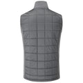 A grey puffer vest is displayed hanging freely showcasing a quilted texture with visible stitching patterns the lack of sleeves suggests it's designed for layering in cool weather