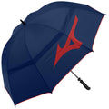 A navy umbrella is opened showing a large red logo design on its canopy, providing shelter in a wet or sunny outdoor environment.