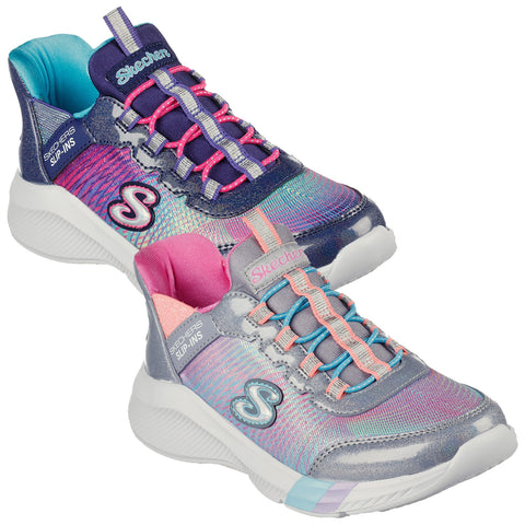 A pair of colorful Skechers sneakers are displayed with one shoe in purple and the other in gray and pink showcasing reflective surfaces and unique lacing designs against a white background.