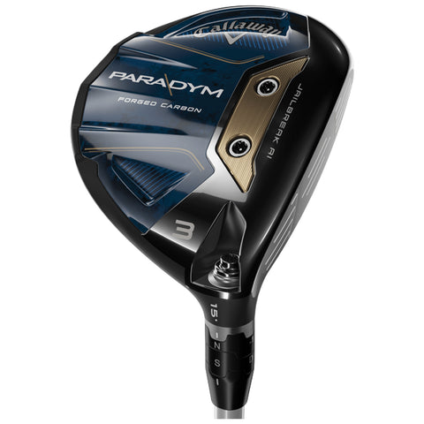 A golf club head is displayed featuring a sleek design with blue and gold accents showcasing the text PARADYM FORGED CARBON and JAILBREAK AI along with a number 3.