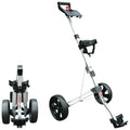 A golf push cart stands upright on two large wheels while a second identical cart is folded beside it the cart features a sturdy handle and a platform for holding golf bags.