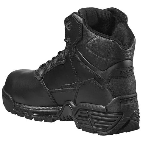 A black boot with a high top features a lace-up front and sturdy sole designed for durability and support in demanding environments suitable for work or outdoor activities.