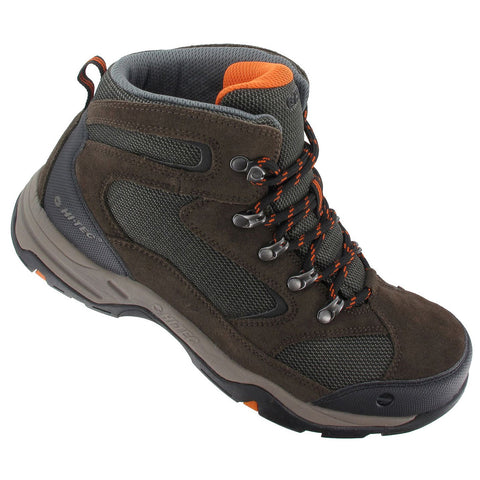 A brown and gray hiking boot rests at an angle showcasing its sturdy design laces and textured materials suitable for outdoor use with an orange accent near the top.