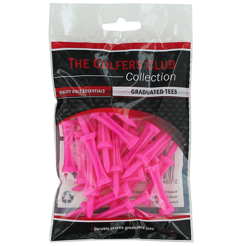 A transparent plastic pouch contains several bright pink graduated golf tees showcasing their uniform shape and design labeled as The Golfer's Club Collection with a background featuring black and red colors.