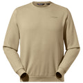 A beige sweatshirt is displayed frontally with long sleeves and a round neckline. It features a small logo on the chest and is set against a plain background.