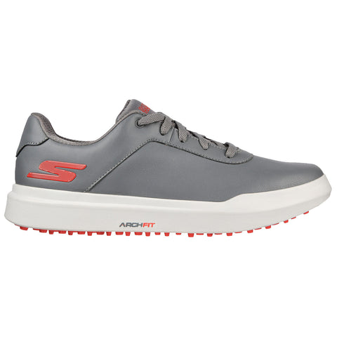 A gray athletic shoe features a sleek design with gray laces and red detailing on the side and sole emphasizing comfort and support suitable for casual wear or light sports activities.