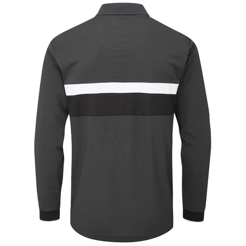 A dark gray long-sleeved shirt is displayed with a horizontal white stripe and a black band across the back, showing a collared design intended for casual wear.