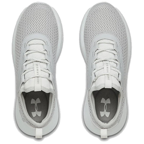 A pair of light gray athletic shoes sits side by side showcasing a breathable mesh upper with laces and logo on the tongue designed for comfort and performance in casual or workout settings.