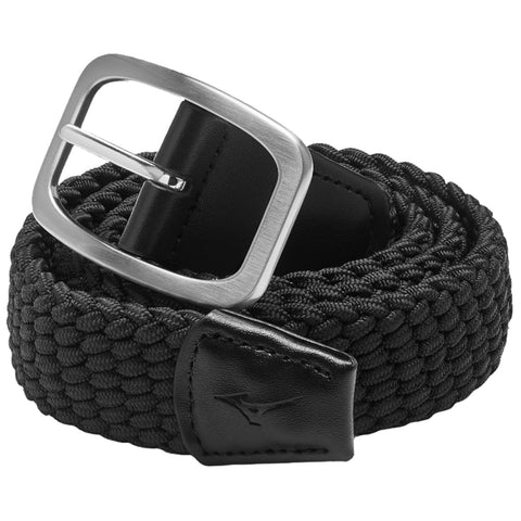 A black woven belt with a silver rectangular buckle is coiled neatly. The belt features a leather tip engraved with a logo, indicating its sporty design suitable for casual or athletic wear.