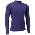 A long-sleeve purple rash guard is displayed standing upright featuring a high collar and a sleek design made for comfort in aquatic sports settings.