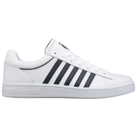 A white sneaker with black stripes sits upright showcasing its smooth surface and laces against a plain background emphasizing its design and athletic style.