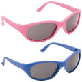 Eyelevel Small Kids Plain Tots Sunglasses Two pairs of sunglasses in pink and blue are displayed side by side with dark lenses highlighting their colorful plastic frames arranged against a neutral background.