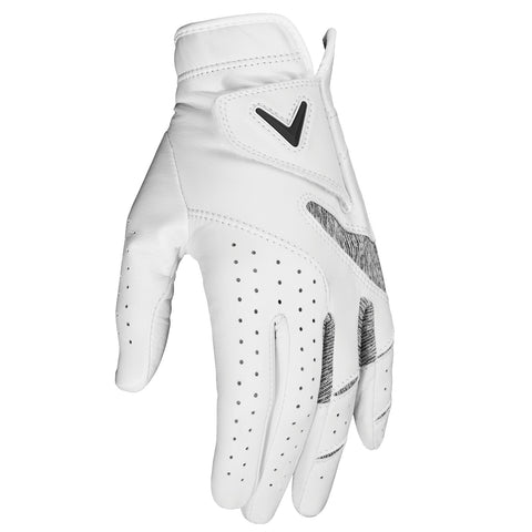 Callaway Ladies Apex Tour Left Hand Glove A white golf glove is positioned upright showing its palm and fingers The glove features perforations for breathability and has a black accent logo on the top left side