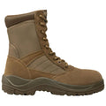 A tan tactical boot stands upright showcasing a sturdy sole and reinforced ankle support with eyelets for laces and a combination of suede and fabric material for durability in rugged environments.