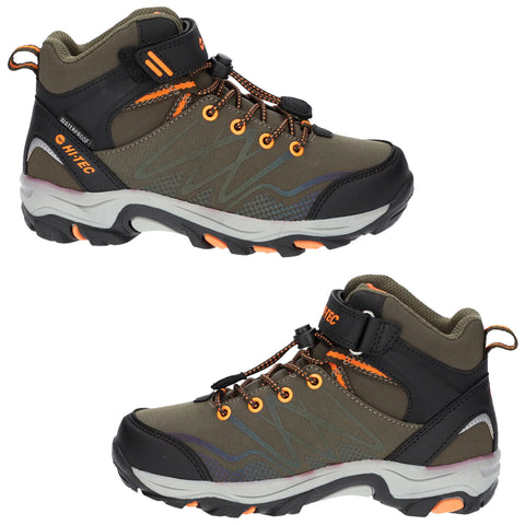 Hiking boots feature a brown and black design with orange accents and a waterproof label. They are designed for outdoor activities and provide ankle support and traction on various terrains.