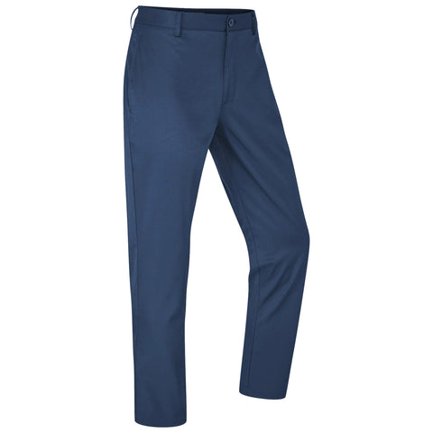 Navy blue pants stand upright with a smooth texture and classic design showcasing a buttoned waistband and straight legs in a neutral background.