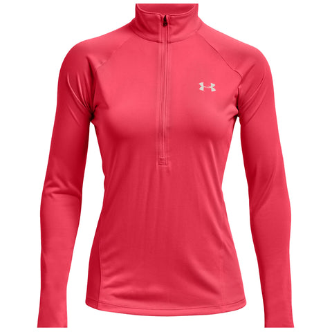 A bright pink long sleeve athletic top features a half zip design and a small logo on the chest suggesting its use for exercise or outdoor activities