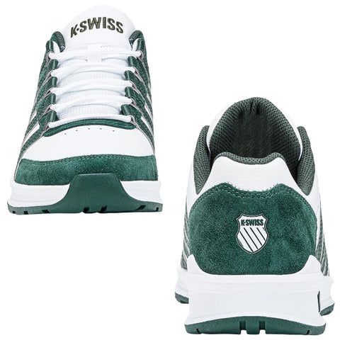 A pair of green and white K-Swiss sneakers is displayed front and back. The shoes feature laces and a mesh interior, highlighting a sporty design suitable for athletic activities.