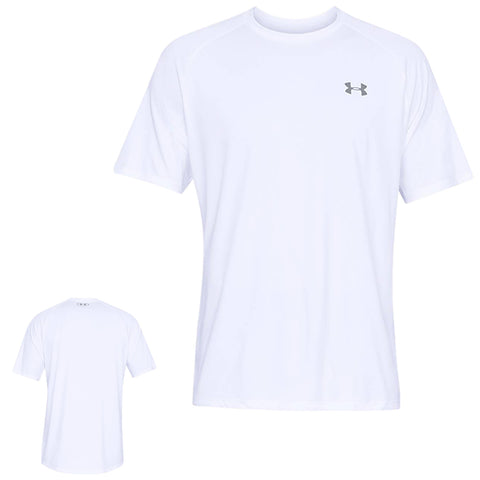 A white short-sleeved athletic shirt is displayed front and back with a small gray logo on the chest in a plain background suggesting a minimalistic product presentation.