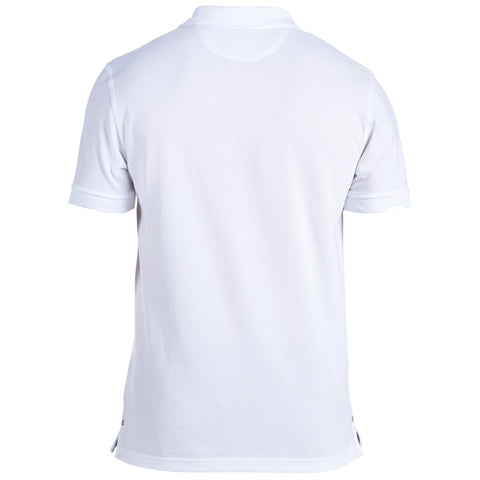 A plain white polo shirt sits upright showing the back side with a collar short sleeves and side slits its smooth fabric reflects light in a neutral setting