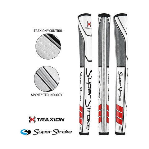 Three golf club grips are displayed vertically with a white and gray design featuring red accents. Text highlights TRACTION CONTROL and SPYNE TECHNOLOGY alongside brand logos for TRAXION and Super Stroke.