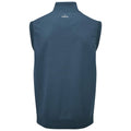 A sleeveless dark blue garment hangs upright displaying a high collar and a smooth texture with a logo on the back near the neckline, suitable for casual or athletic wear.