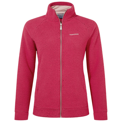 A zippered jacket in a bright pink hue hangs straight with a high collar and textured fabric designed for warmth and comfort suitable for outdoor activities.