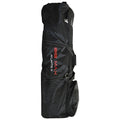 A cylindrical black golf travel bag is upright featuring a zipper on one side and a side pocket the bag is designed for transporting golf clubs and accessories.