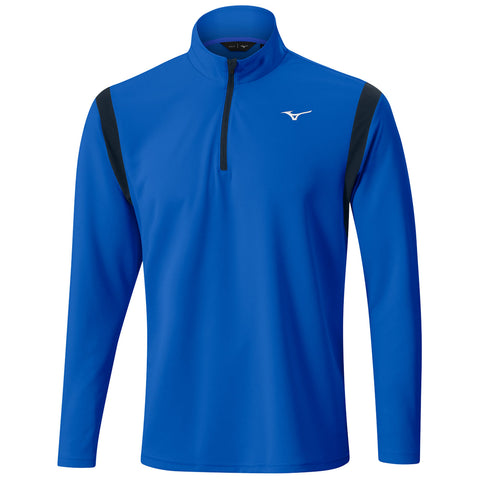 A long-sleeve blue athletic shirt with a half zipper features black shoulder accents and a logo on the chest showcasing a sporty design suitable for exercise or casual wear.