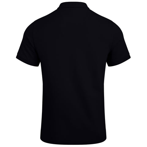 A black polo shirt is displayed from the back demonstrating short sleeves and a flat collar positioned against a neutral or plain background without any text or design elements.