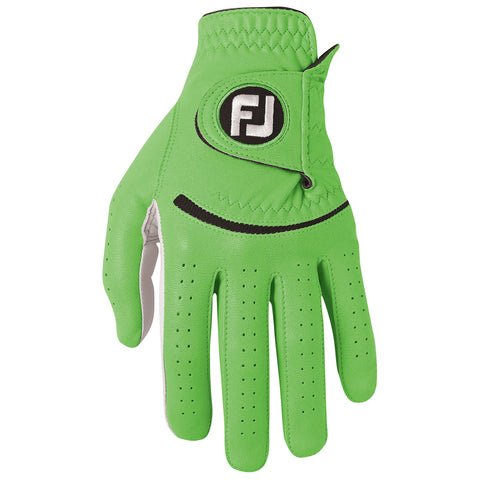 A bright green golf glove with a textured surface features perforations for breathability and a logo on the wrist area, designed for enhancing grip while playing golf.