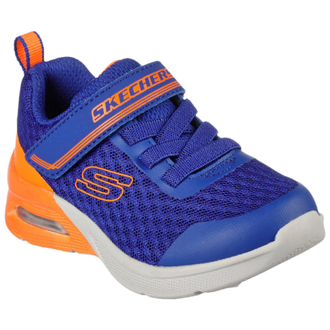 A vibrant blue sneaker with orange accents features a mesh upper and a strap for secure fitting placed against a neutral background. The brand name SKECHERS is prominently displayed.