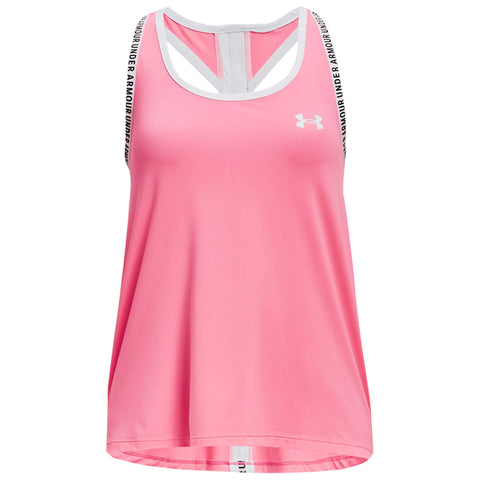 A light green athletic tank top hangs centrally with black strap details and a logo on the left side. The garment features a racerback style for mobility during exercise.