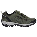 A green hiking shoe features a mesh upper with black and gray accents the shoe is designed for outdoor activities with a rugged sole for traction on various terrains