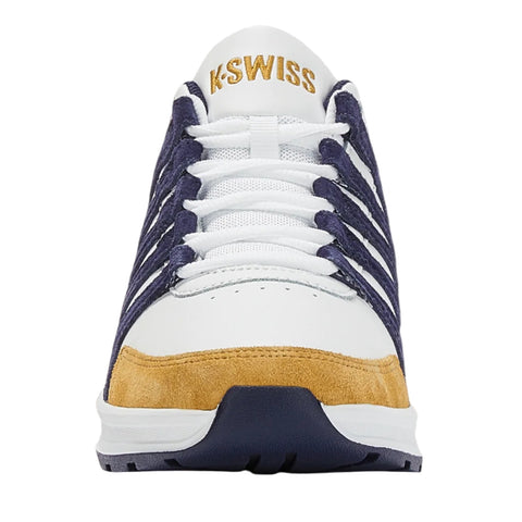 A pair of athletic shoes is centered, featuring a white leather base, navy fabric accents, and a brown suede toe. Laces are tied neatly, with "K-SWISS" branding on the tongue.