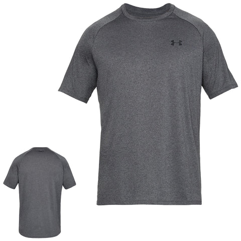 A gray short-sleeve shirt is displayed from the front and back highlighting a simple design and fabric texture suitable for casual or athletic wear in a neutral background.