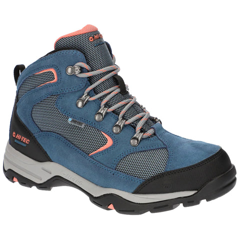 A blue hiking boot is displayed with a textured mesh and suede exterior featuring coral accents and silver eyelets laced tightly. The boot is designed for outdoor activity and support.