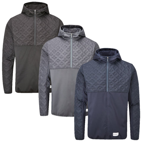 Three hooded jackets are displayed side by side showcasing different shades of grey each featuring a patterned upper section and a solid lower section suitable for casual or active wear