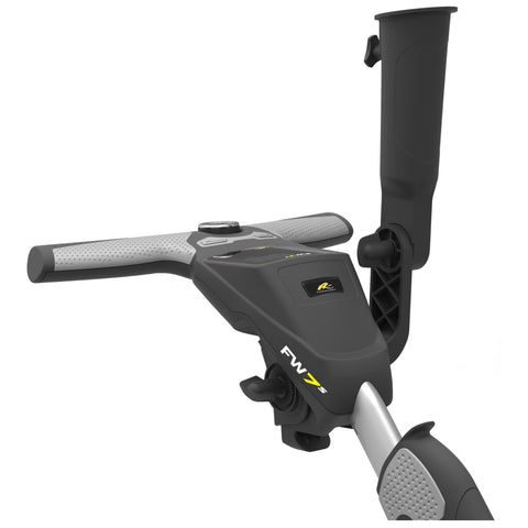 A control handle is positioned with grips and buttons for operation and a tube attachment stands beside it for mounting accessories in a neutral background.