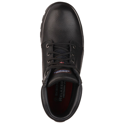 A black work shoe features a textured leather exterior with laces at the front and a cushioned insole labeled Skechers Relaxed Fit Memory Foam suggesting comfort and support for the wearer.