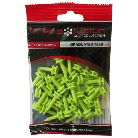 A transparent plastic pouch contains multiple green graduated golf tees arranged inside showcasing a brand logo at the top with the label indicating quality golf essentials and durability