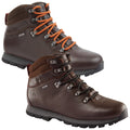 Two pairs of brown hiking boots are displayed side by side. One pair features orange laces while the other has black laces. Both have a rugged sole suitable for outdoor activities.