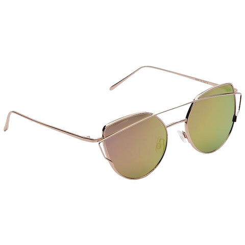 Round sunglasses with metallic frames are displayed. The lenses are tinted green, reflecting light. The eyewear is set against a neutral background, emphasizing its stylish design.