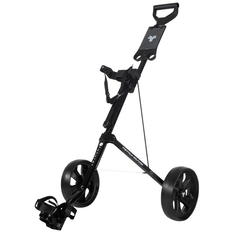 A black golf push cart stands upright featuring a handle for steering and a holder for a golf bag it has three wheels for easy mobility on a golf course