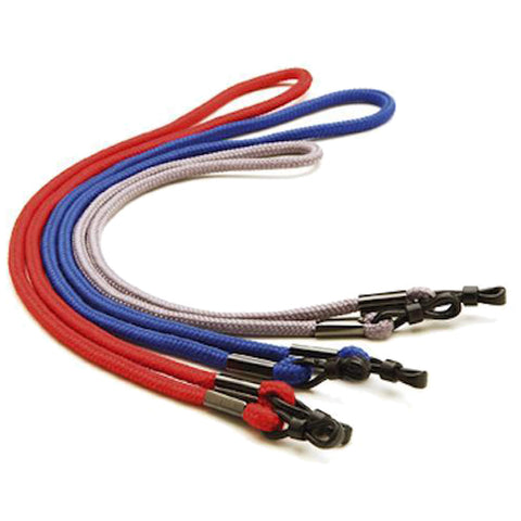 Four colored leashes in red blue and gray lie coiled on a surface with clip attachments at one end indicating they are intended for use with pets or similar applications