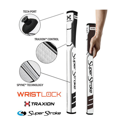 A golf club grip labeled Super Stroke features technology elements like Traxion Control and WristLock, while a hand demonstrates proper grip technique in an instructional context.