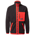 A black and red fleece jacket hangs vertically featuring a full zipper front two side pockets and a chest pocket it is designed for warmth and casual outdoor wear