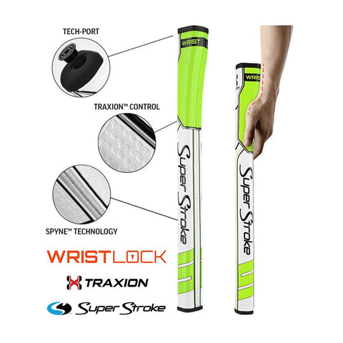 A golf putter grip is shown with a hand positioned on it. The grip features green accents and various technologies highlighted. Context includes product branding and descriptions of grip features.