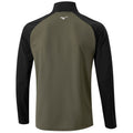 A long-sleeved athletic top with a high collar features an olive green body and black sleeves. The back displays a logo near the neckline, set against a neutral background.