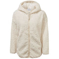 A cream-colored fleece jacket with a hood is displayed zipping up the center while its plush texture indicates warmth suitable for cold weather settings.